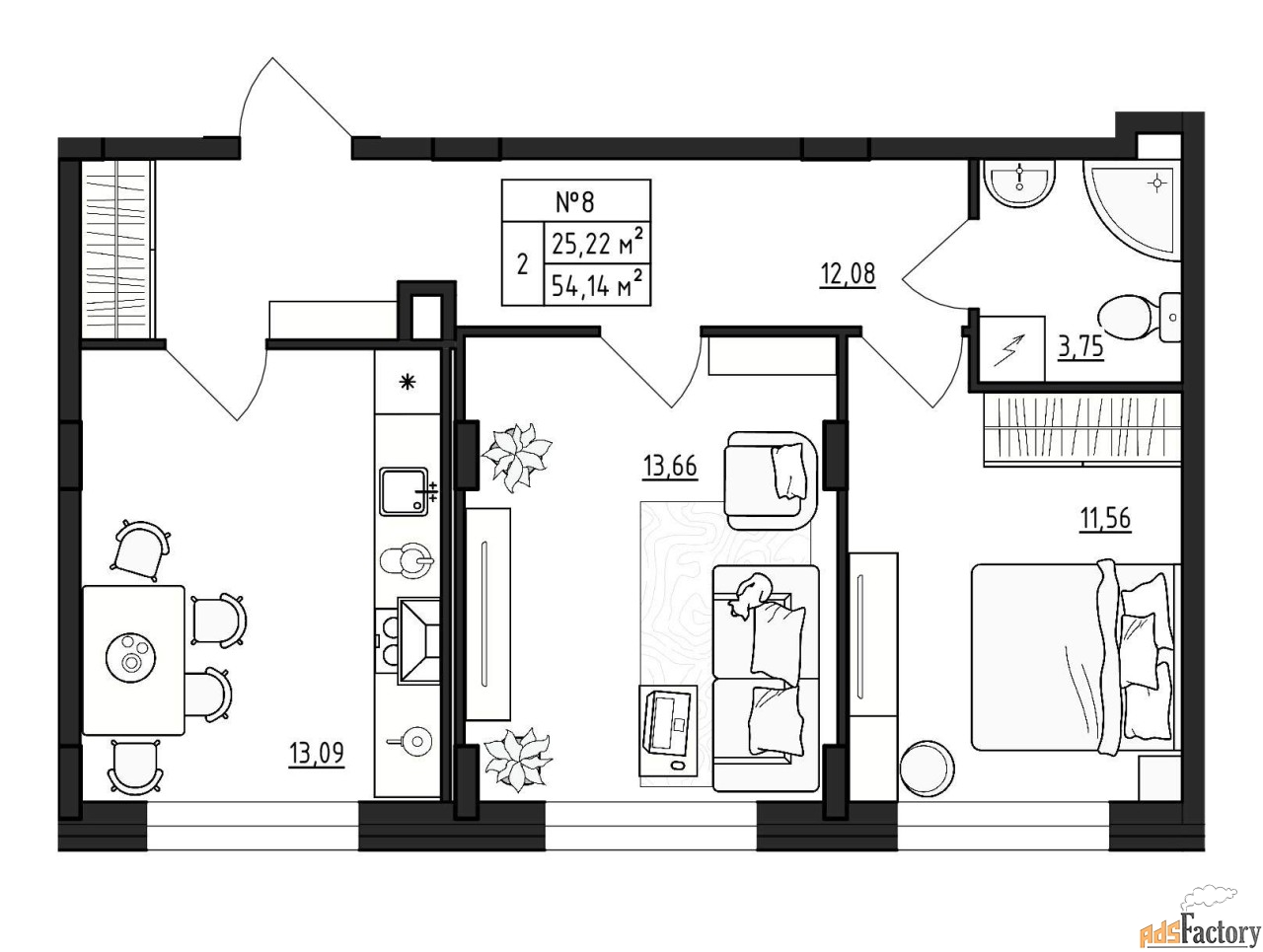 2 - комн. квартира, 54.14 м², 1/4 эт.