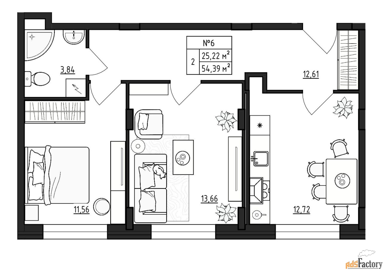2 - комн. квартира, 54.39 м², 1/4 эт.