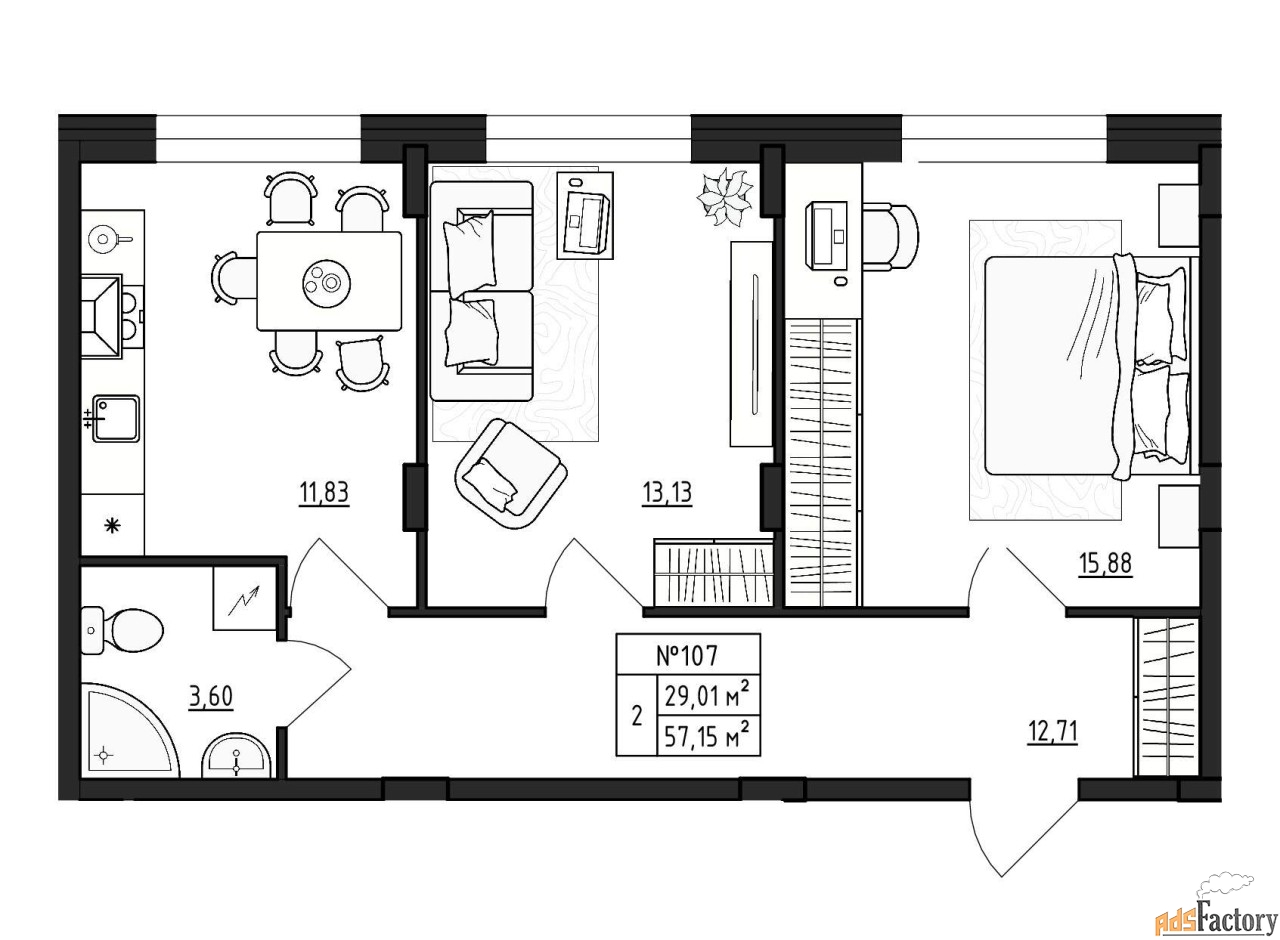 2 - комн. квартира, 57.15 м², 1/4 эт.