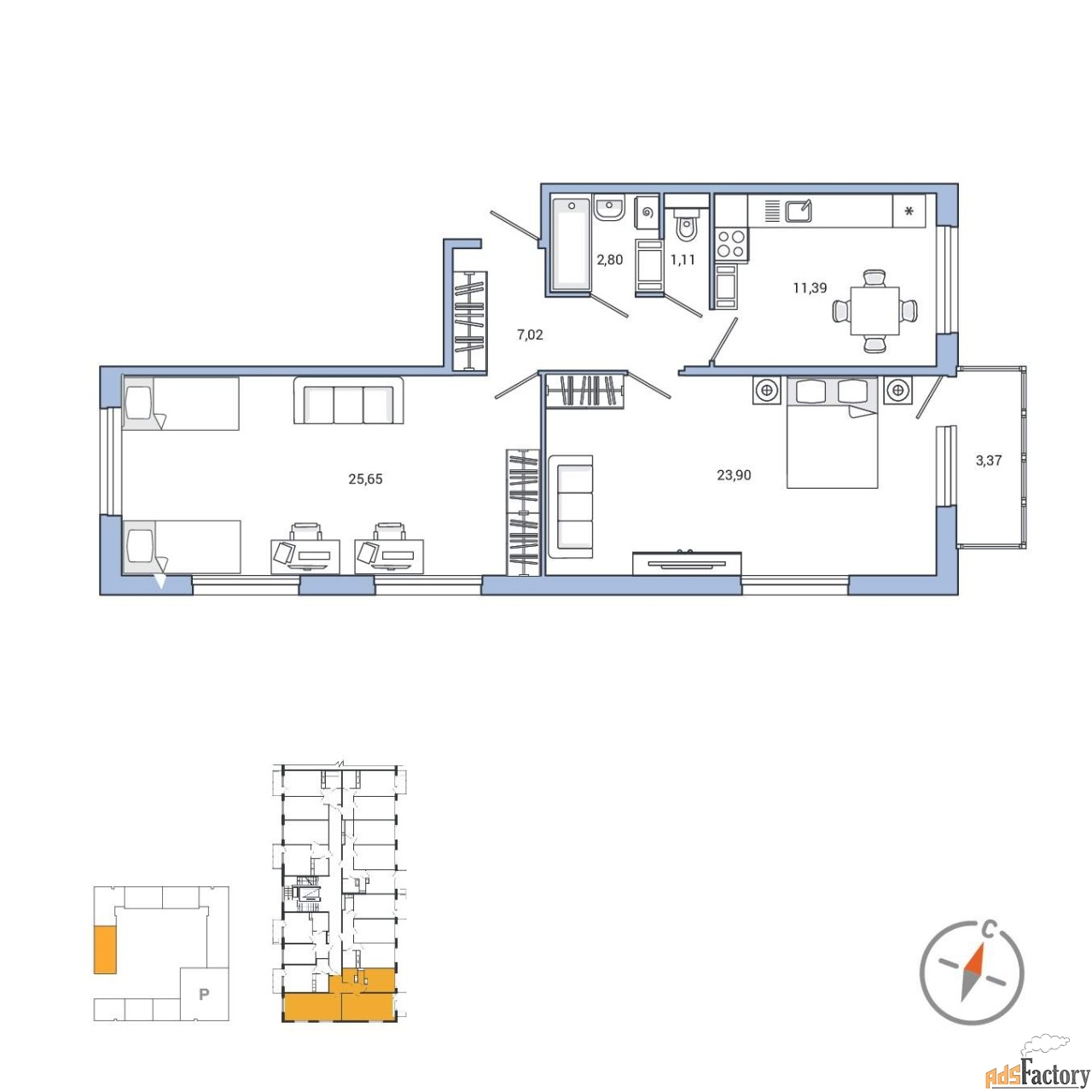 2 - комн. квартира, 72.5 м², 2/7 эт.