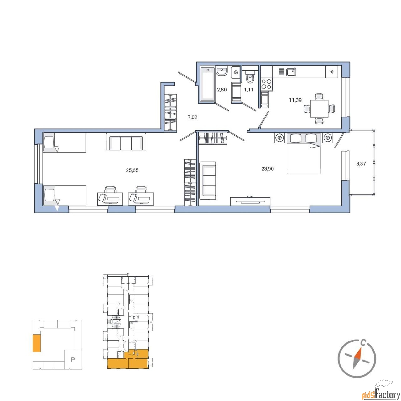 2 - комн. квартира, 73 м², 5/7 эт.