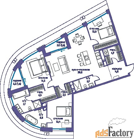 3 - комн. квартира, 119.4 м², 17/19 эт.