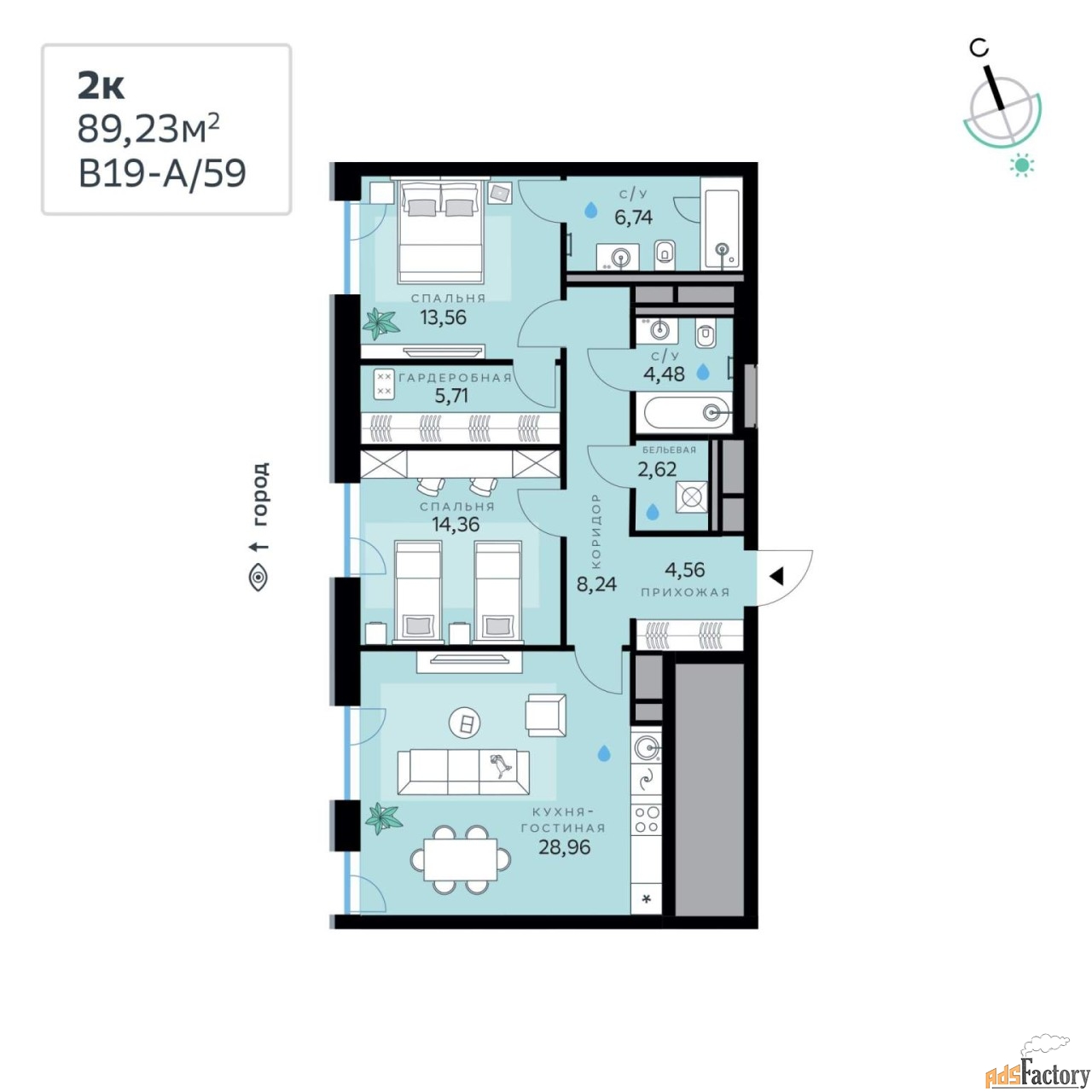 2 - комн. квартира, 89.23 м², 1/12 эт.