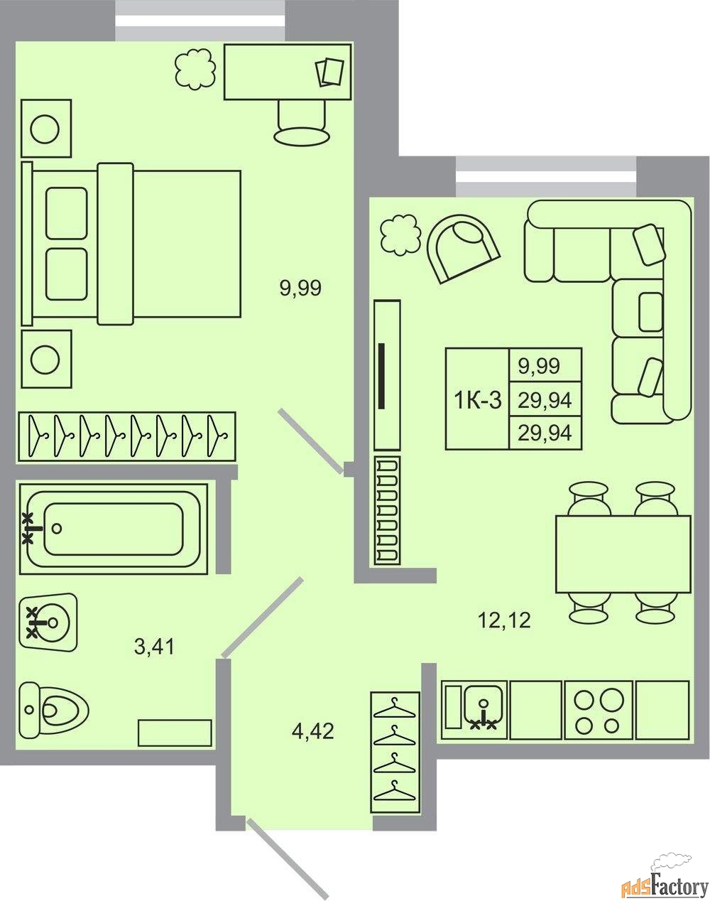 1 - комн. квартира, 29.94 м², 3/17 эт.