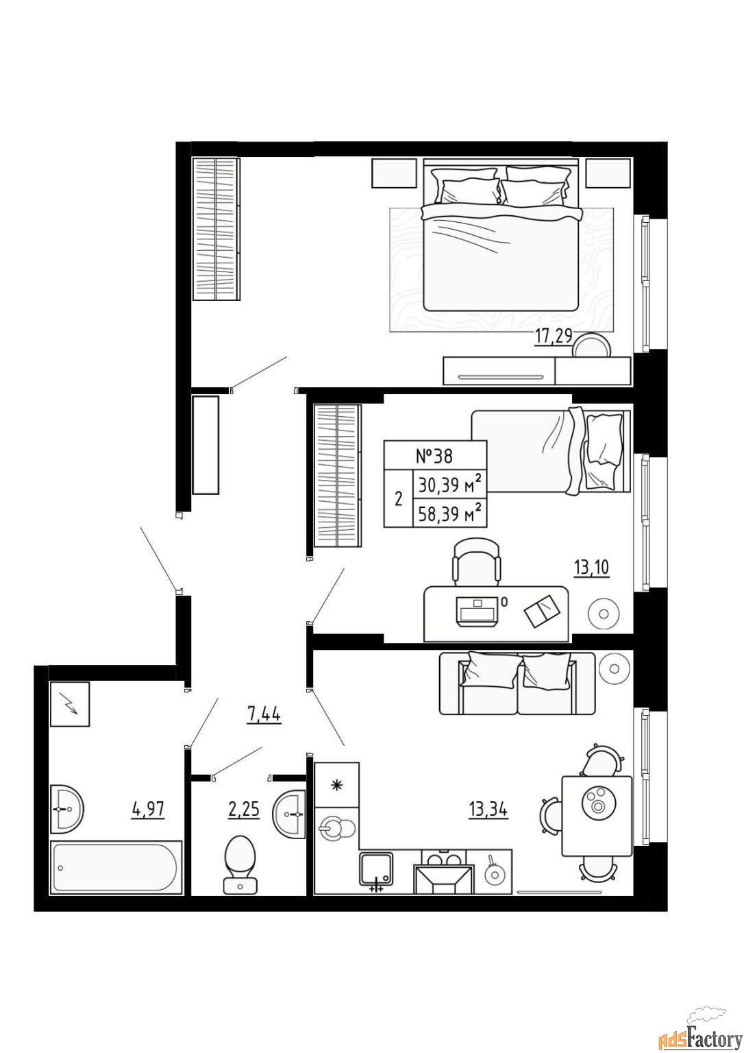 2 - комн. квартира, 58.38 м², 1/4 эт.