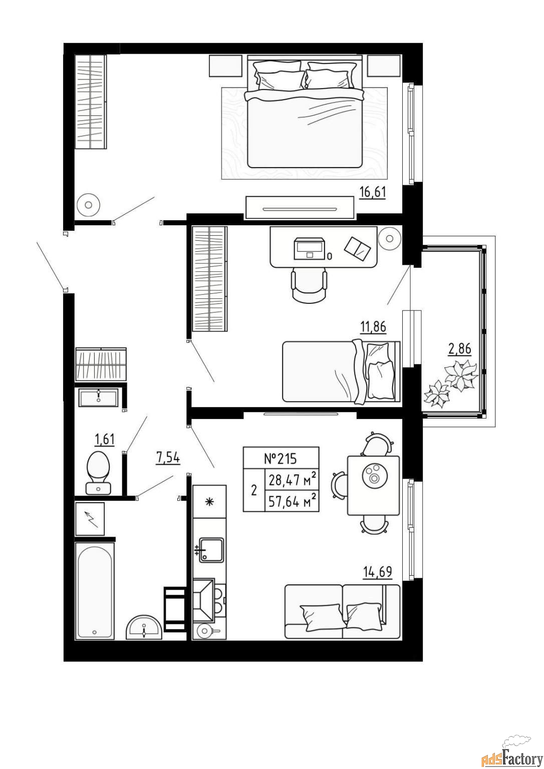 2 - комн. квартира, 57.64 м², 4/4 эт.