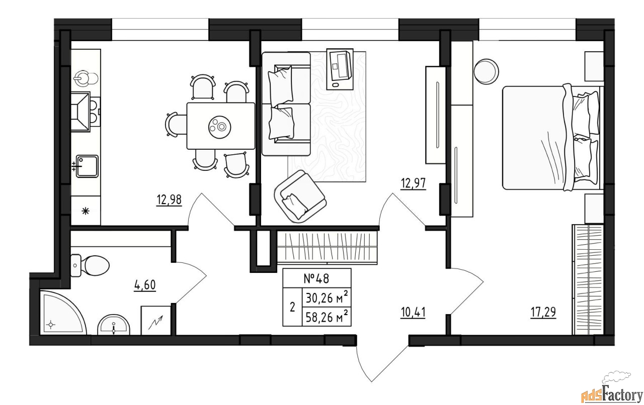 2 - комн. квартира, 58.26 м², 1/4 эт.