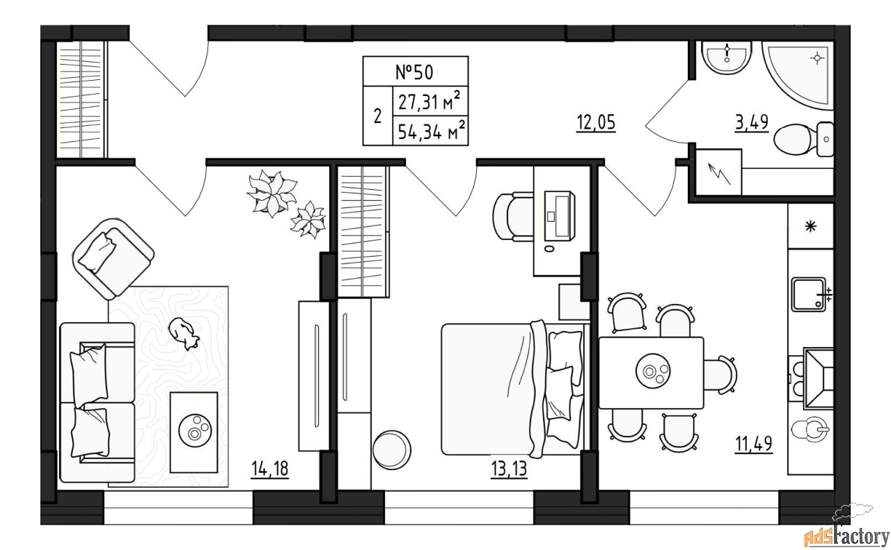 2 - комн. квартира, 54.33 м², 1/4 эт.