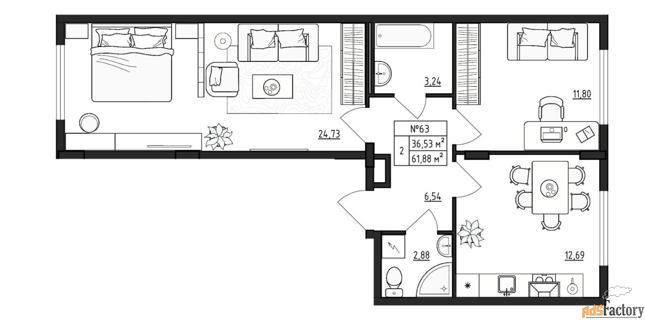2 - комн. квартира, 61.88 м², 4/4 эт.