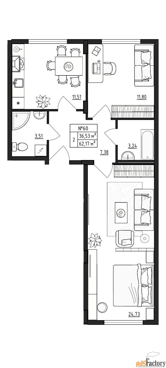 2 - комн. квартира, 62.17 м², 4/4 эт.