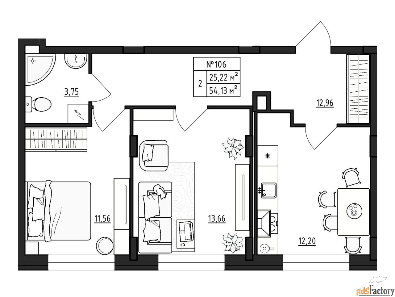 2 - комн. квартира, 54.13 м², 1/4 эт.