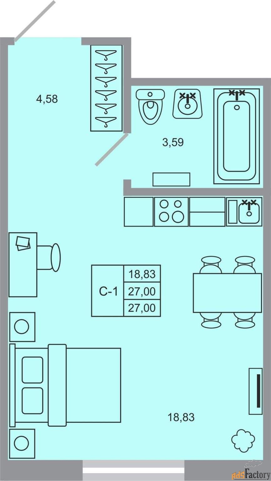 1 - комн. квартира, 27 м², 1/17 эт.