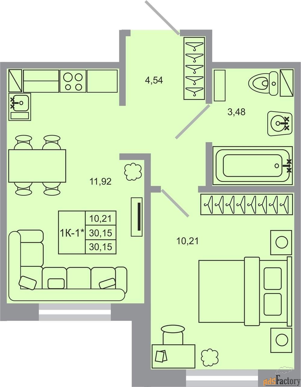 1 - комн. квартира, 30.15 м², 1/17 эт.