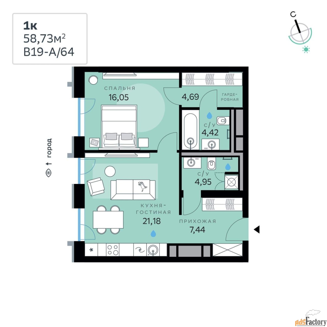 1 - комн. квартира, 58.73 м², 2/12 эт.