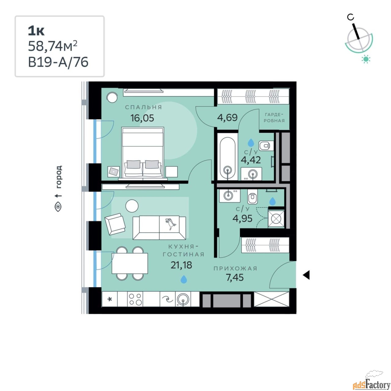 1 - комн. квартира, 58.74 м², 4/12 эт.