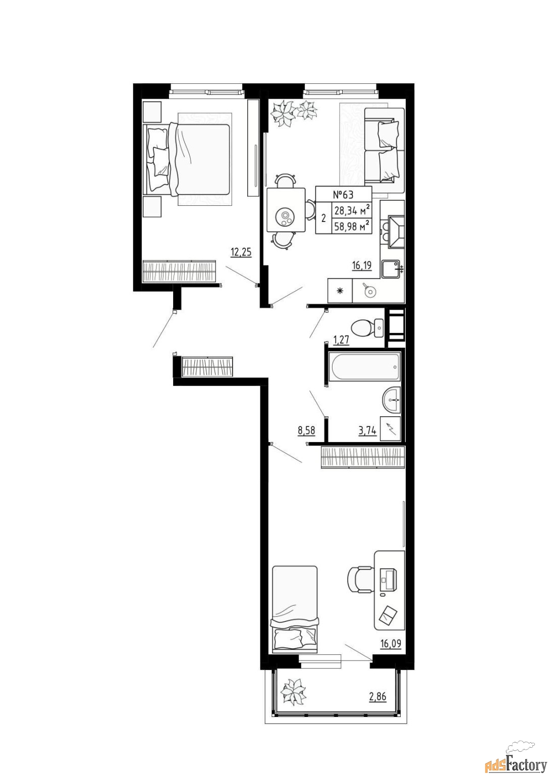 2 - комн. квартира, 58.98 м², 4/4 эт.