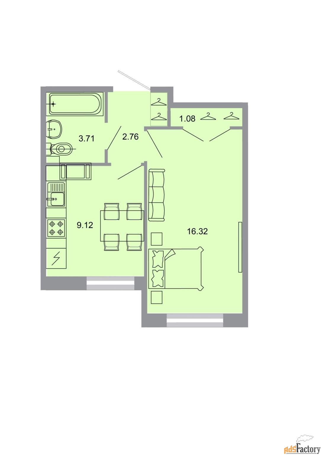 1 - комн. квартира, 32.3 м², 1/20 эт.
