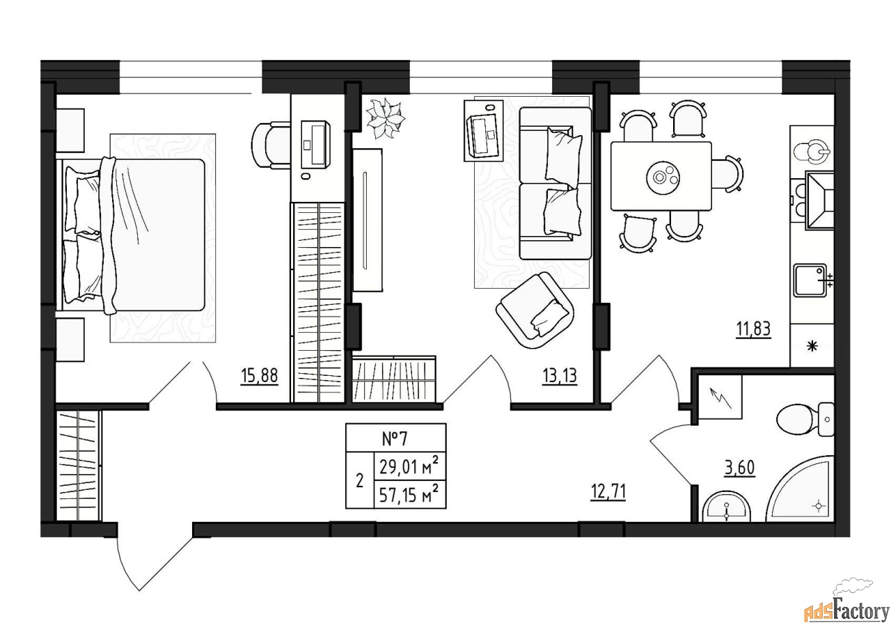 2 - комн. квартира, 57.15 м², 1/4 эт.
