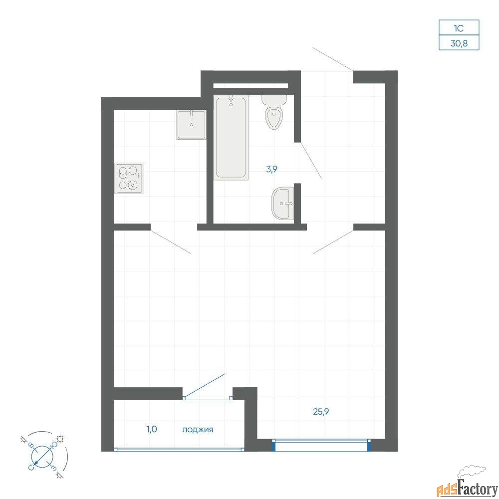 1 - комн. квартира, 30.8 м², 2/15 эт.
