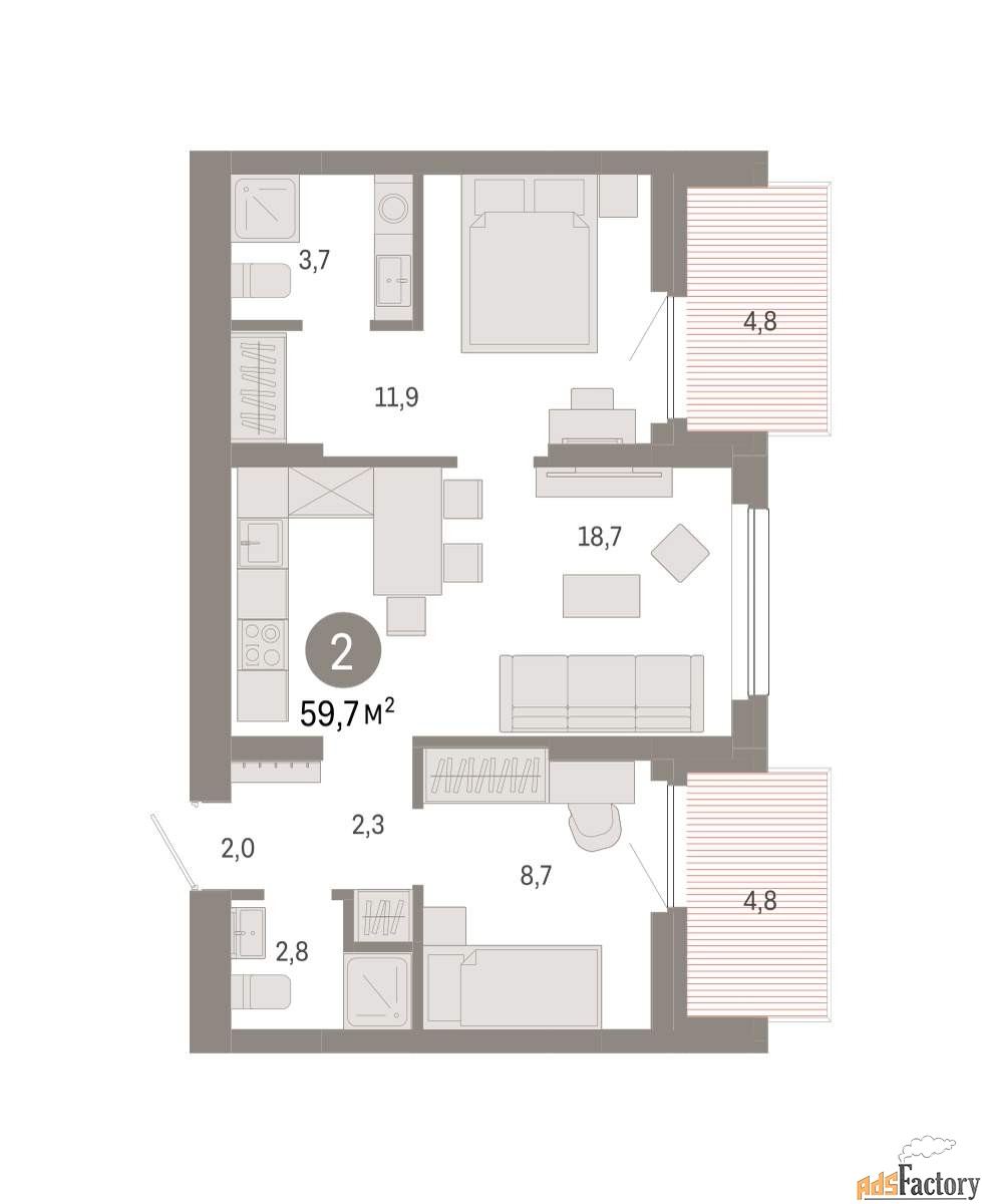 2 - комн. квартира, 59.7 м², 10/12 эт.