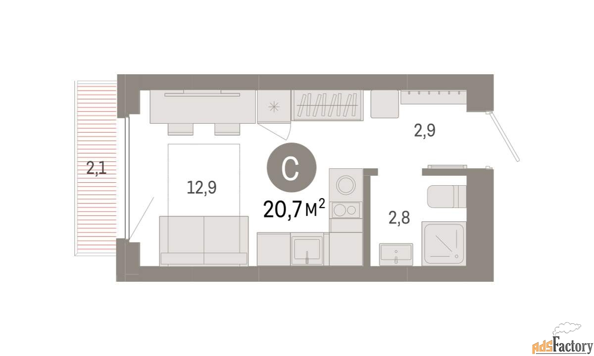 1 - комн. квартира, 20.7 м², 4/9 эт.