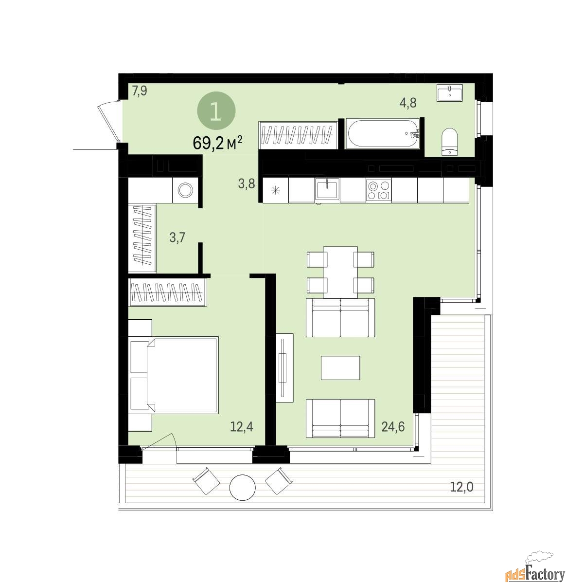 1 - комн. квартира, 57.1 м², 8/16 эт.