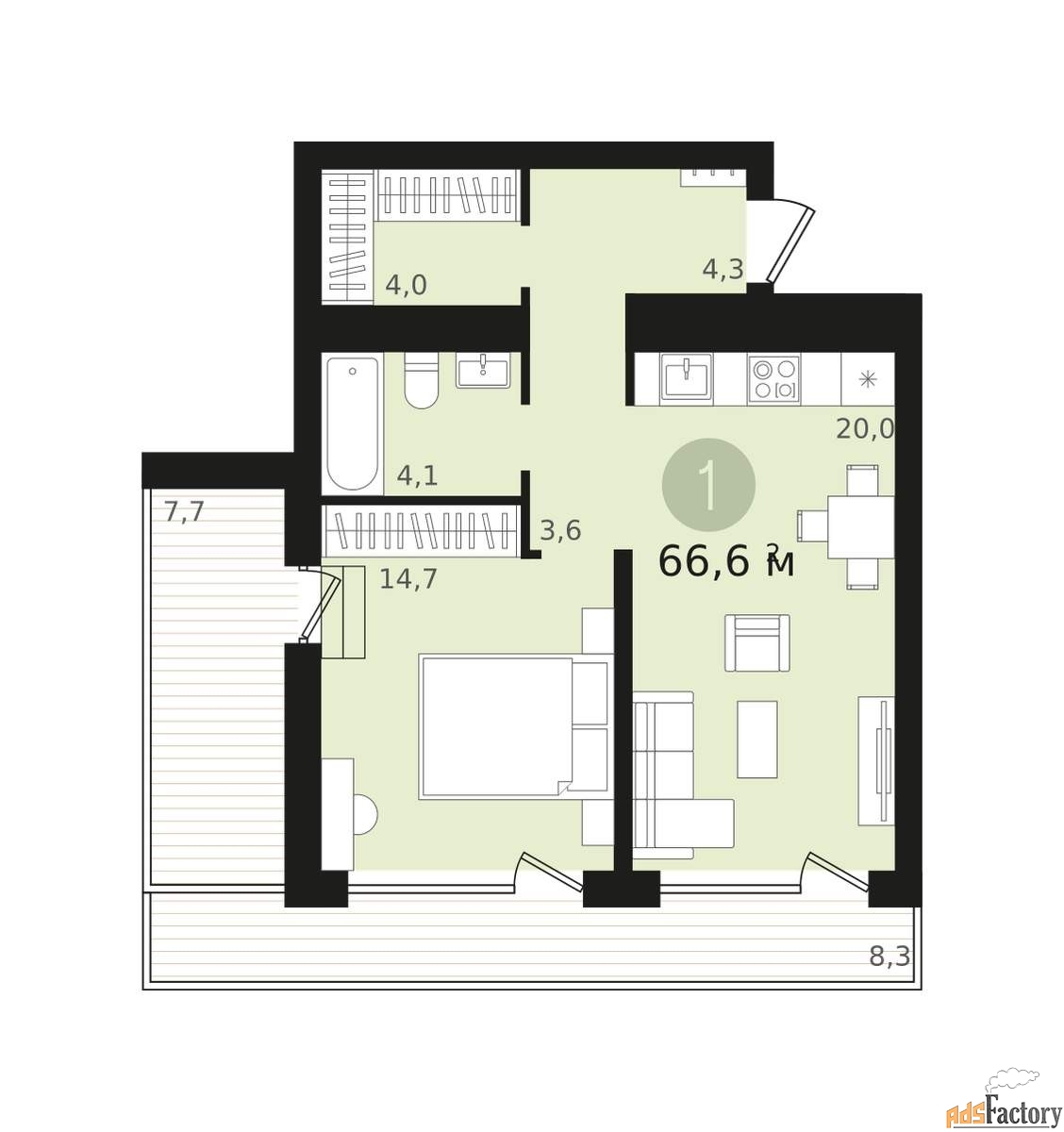1 - комн. квартира, 50.4 м², 7/18 эт.
