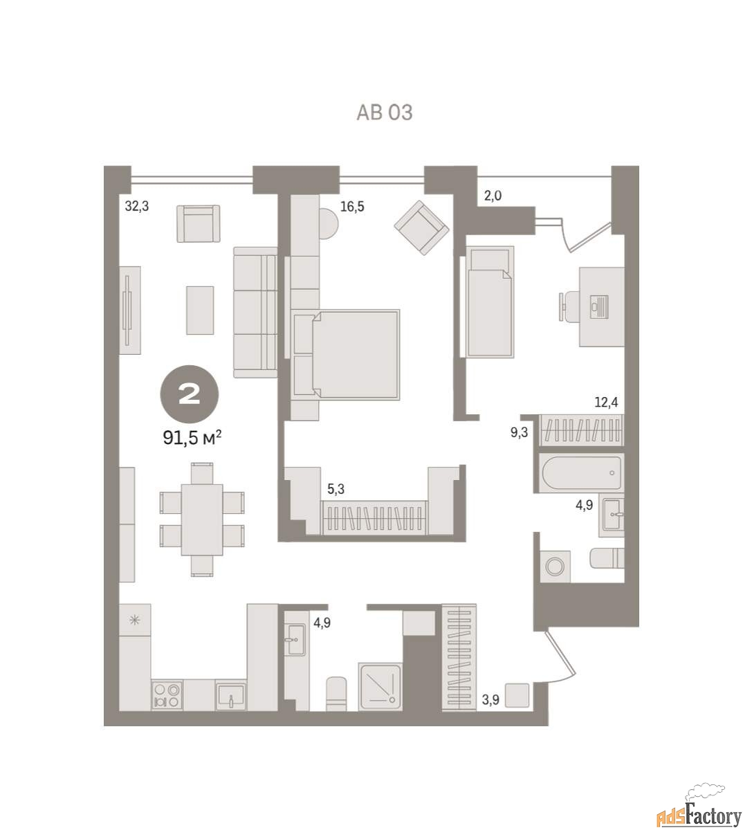 2 - комн. квартира, 91.49 м², 4/15 эт.