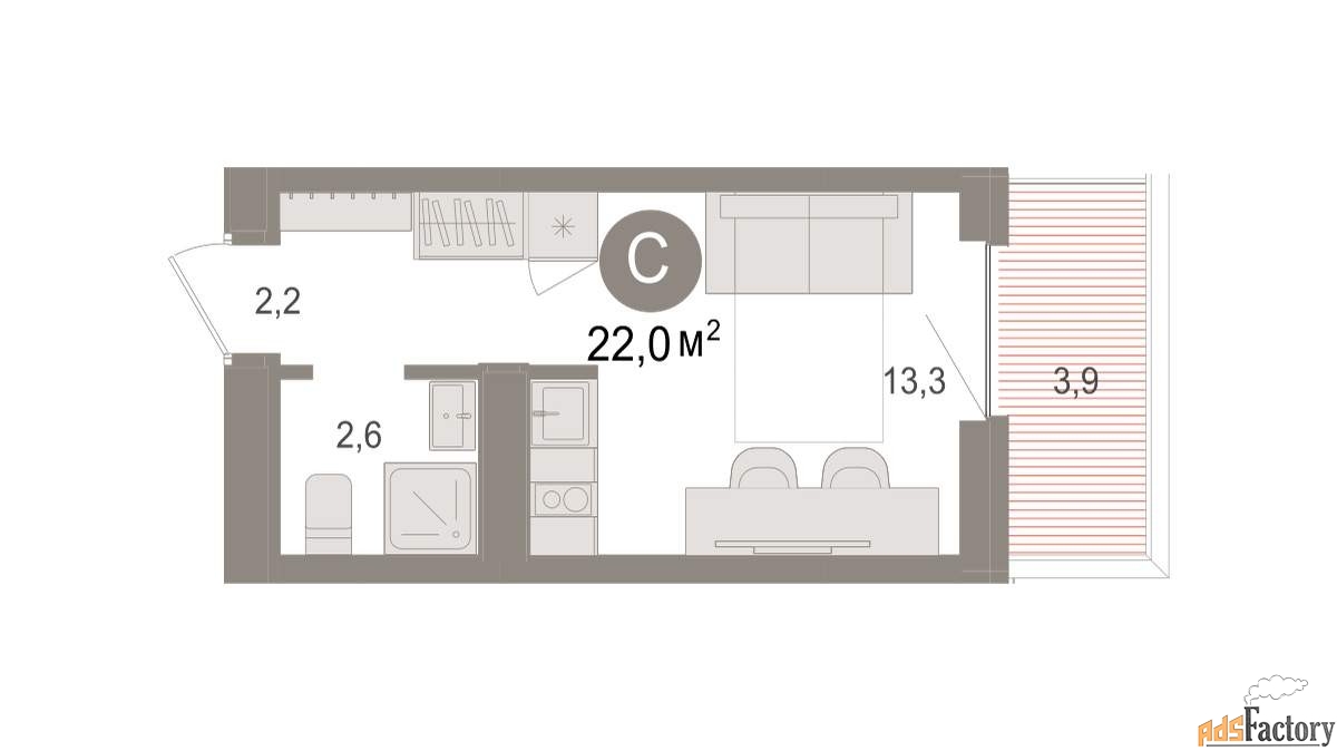 1 - комн. квартира, 22.01 м², 2/8 эт.