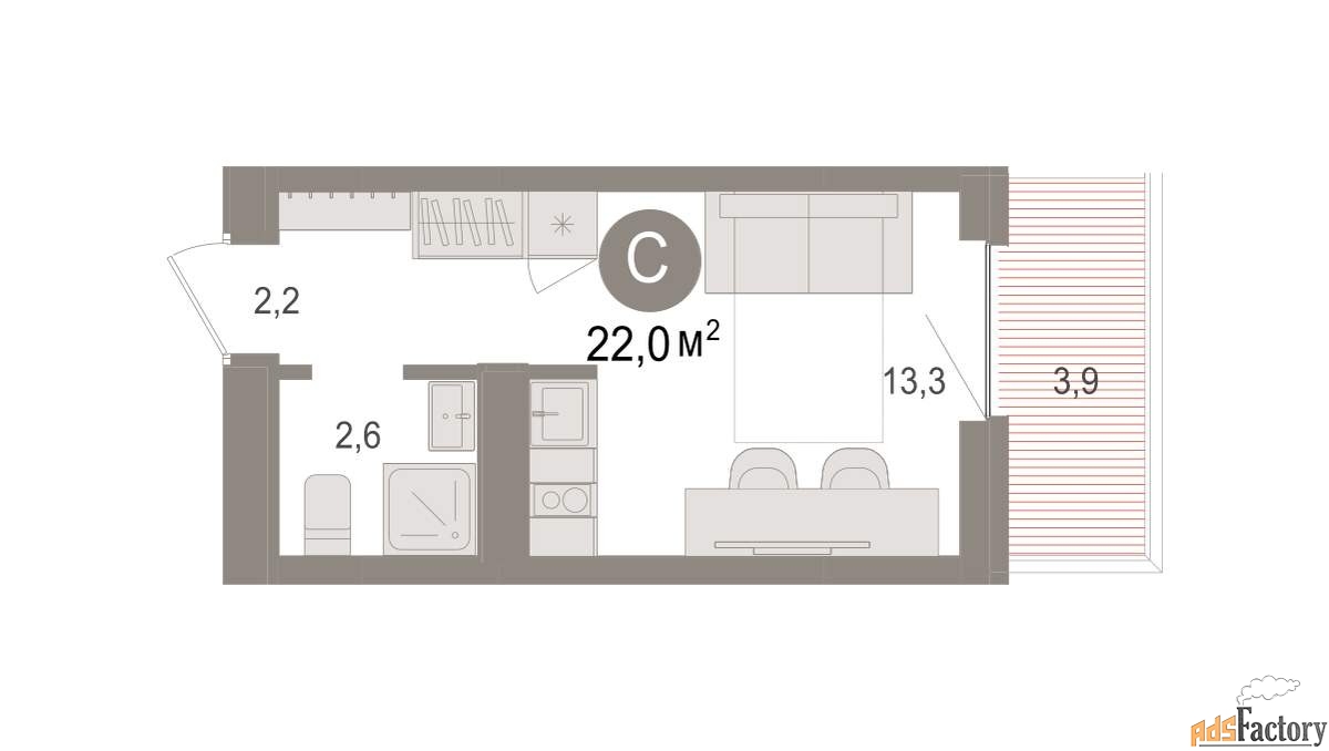 1 - комн. квартира, 22.03 м², 3/8 эт.