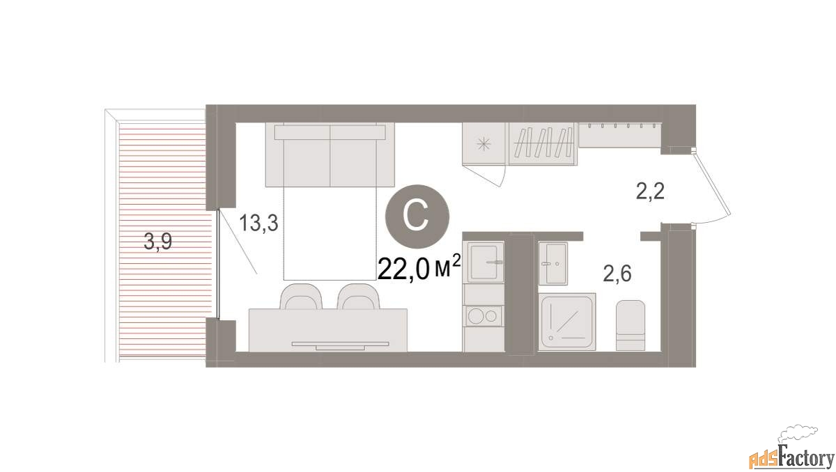 1 - комн. квартира, 22.01 м², 2/9 эт.