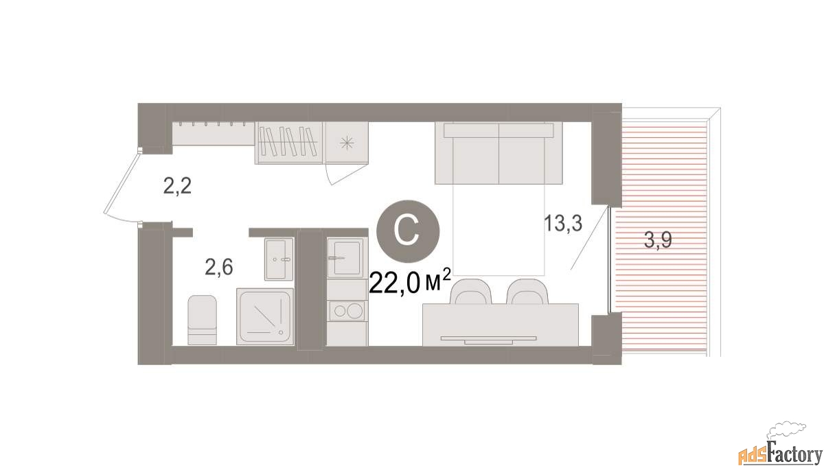 1 - комн. квартира, 22.01 м², 2/9 эт.