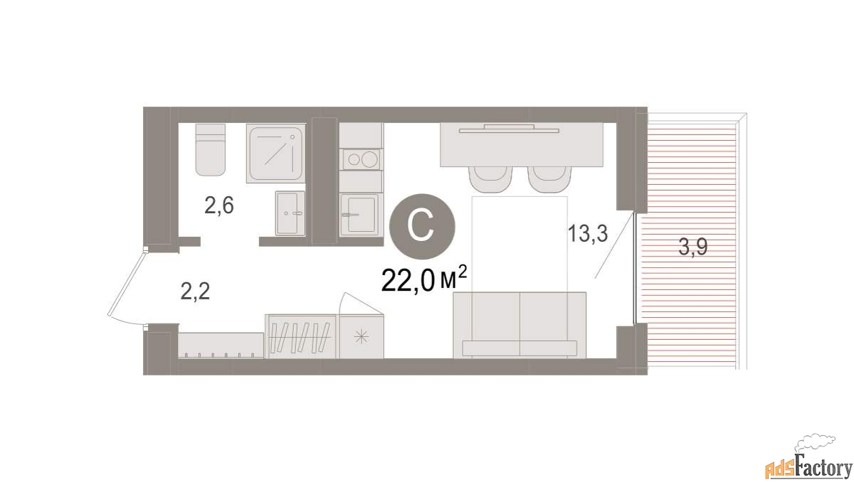 1 - комн. квартира, 22.03 м², 3/8 эт.