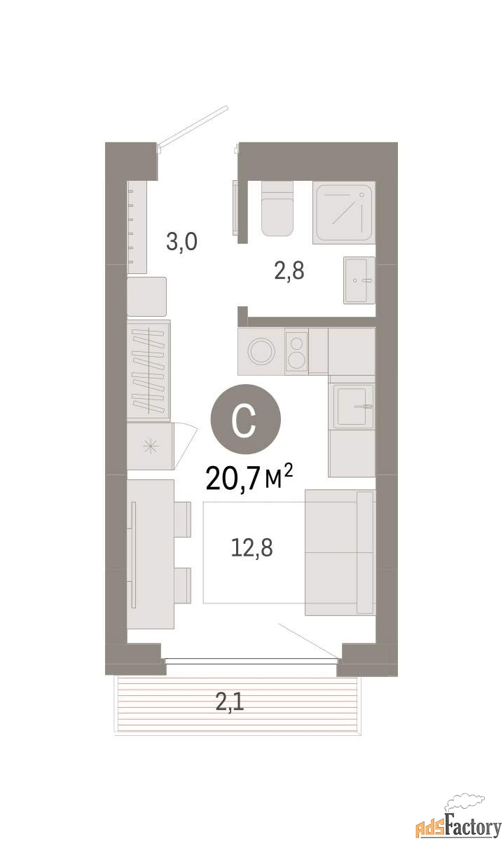 1 - комн. квартира, 20.7 м², 3/9 эт.