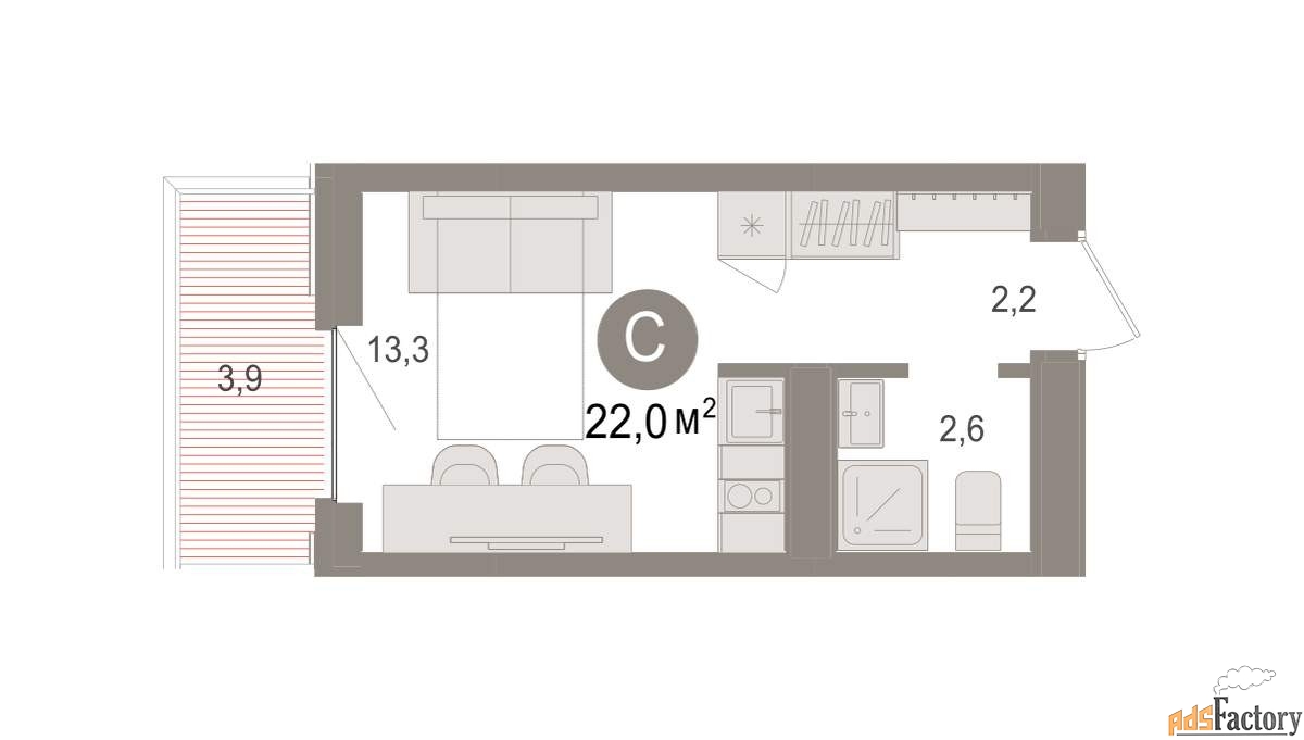 1 - комн. квартира, 22.03 м², 8/9 эт.