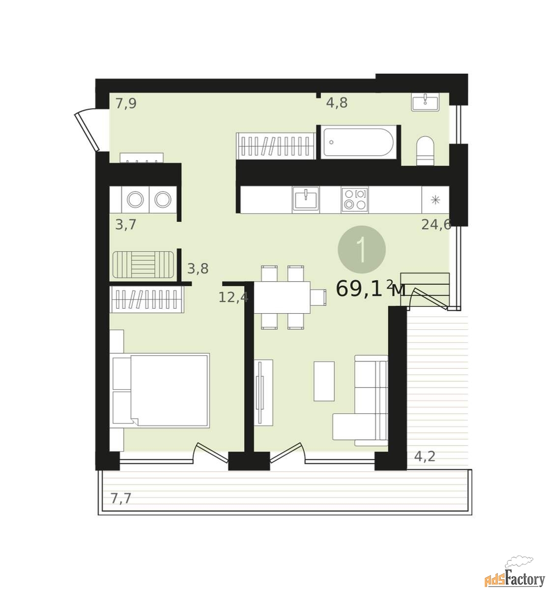 1 - комн. квартира, 57.1 м², 7/16 эт.