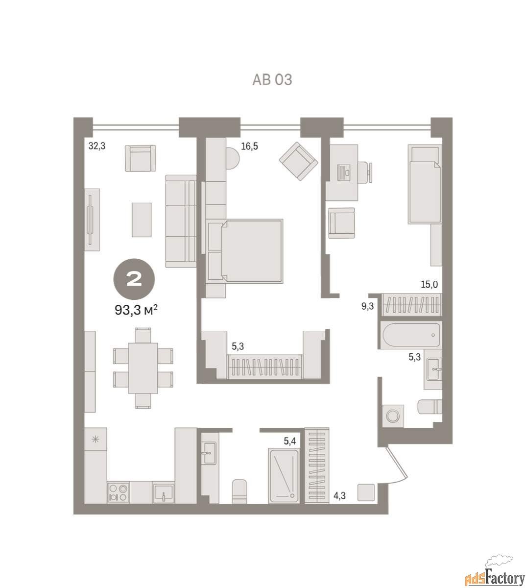 2 - комн. квартира, 93.33 м², 2/15 эт.