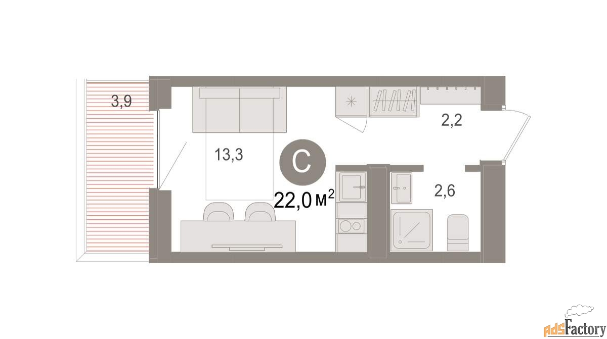 1 - комн. квартира, 22.01 м², 3/9 эт.