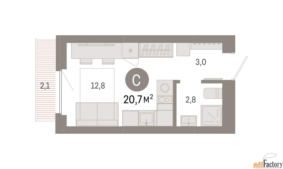 1 - комн. квартира, 20.7 м², 3/9 эт.
