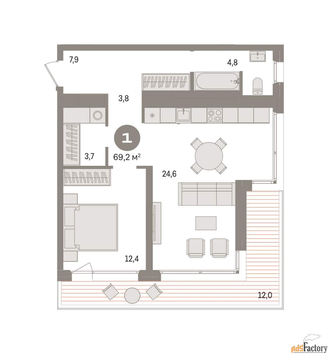 1 - комн. квартира, 57.1 м², 14/16 эт.