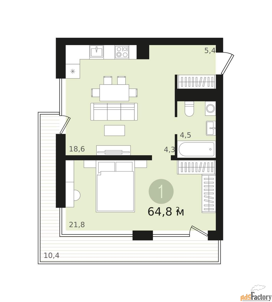 1 - комн. квартира, 54.7 м², 7/15 эт.