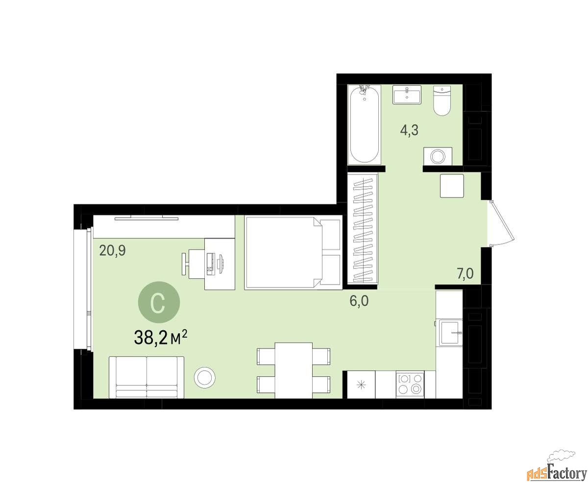 1 - комн. квартира, 38 м², 3/16 эт.