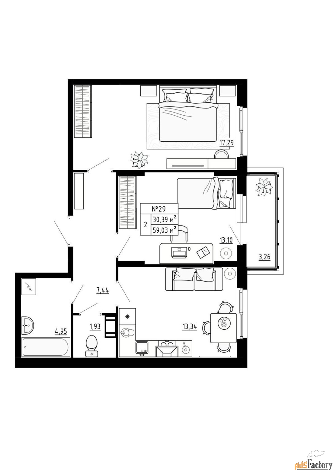 2 - комн. квартира, 59.02 м², 4/4 эт.