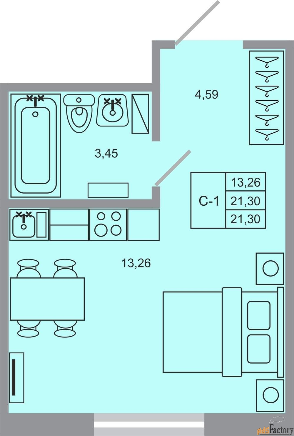 1 - комн. квартира, 21.3 м², 3/17 эт.
