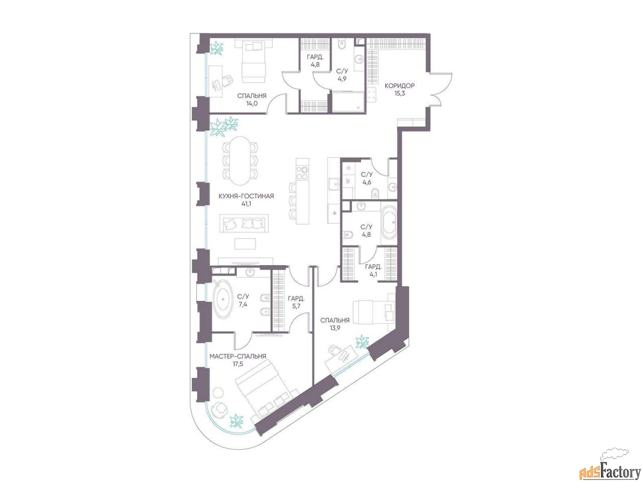 3 - комн. квартира, 138.1 м², 2/12 эт.