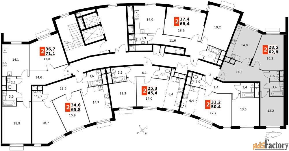 2 - комн. квартира, 62.8 м², 5/12 эт.