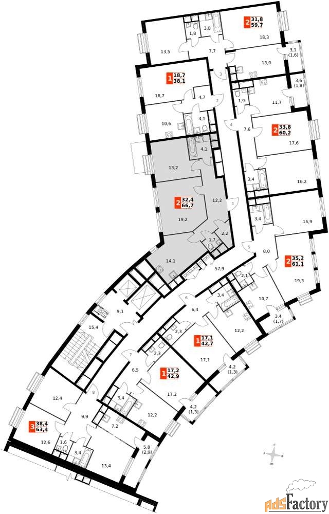 2 - комн. квартира, 66.7 м², 4/11 эт.