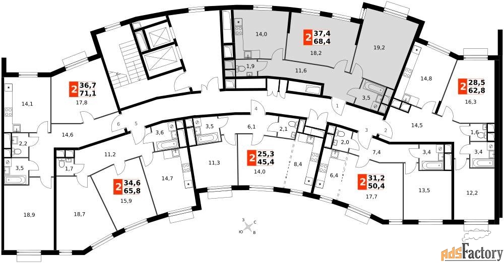 2 - комн. квартира, 68.5 м², 5/12 эт.