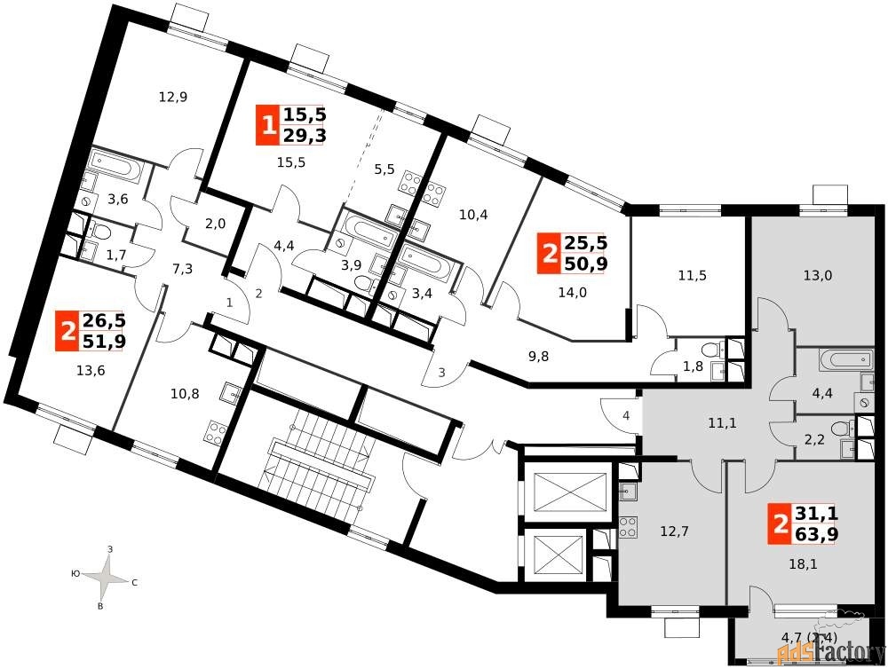 2 - комн. квартира, 63.8 м², 12/15 эт.