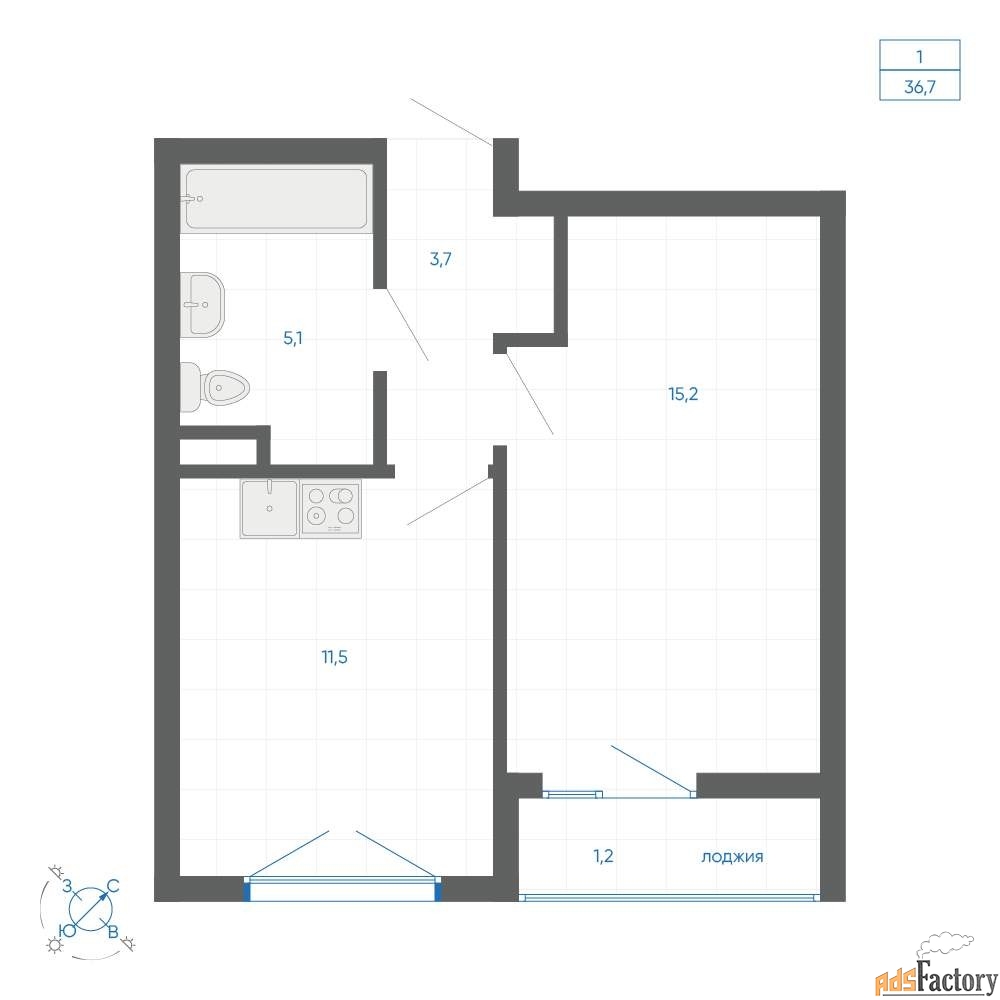 1 - комн. квартира, 36.3 м², 14/15 эт.